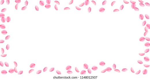 Sakura petals falling down. Romantic pink silky medium flowers. Sparse flying cherry petals. Wide scattered frame admirable vector background. Love, affection, romance concept.