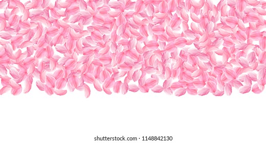 Sakura petals falling down. Romantic pink bright big flowers. Thick flying cherry petals. Wide top gradient amazing vector background. Love, affection, romance concept.