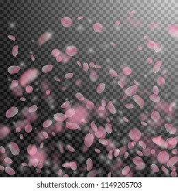 Sakura petals falling down. Romantic pink flowers gradient. Flying petals on transparent square background. Love, romance concept. Extraordinary wedding invitation.