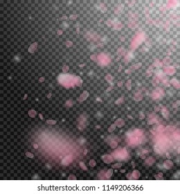 Sakura petals falling down. Romantic pink flowers gradient. Flying petals on transparent square background. Love, romance concept. Actual wedding invitation.