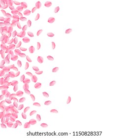 Sakura petals falling down. Romantic pink bright medium flowers. Thick flying cherry petals. Scatter left gradient positive vector background. Love, affection, romance concept.