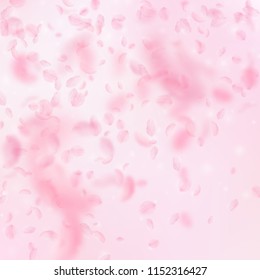 Sakura petals falling down. Romantic pink flowers gradient. Flying petals on pink square background. Love, romance concept. Cool wedding invitation.