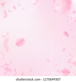 Sakura petals falling down. Romantic pink flowers vignette. Flying petals on pink square background. Love, romance concept. Immaculate wedding invitation.
