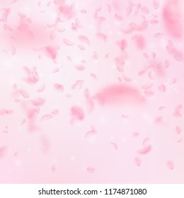 Sakura petals falling down. Romantic pink flowers gradient. Flying petals on pink square background. Love, romance concept. Beauteous wedding invitation.