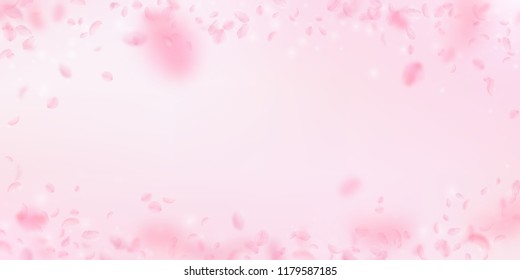 Sakura petals falling down. Romantic pink flowers vignette. Flying petals on pink wide background. Love, romance concept. Ravishing wedding invitation.