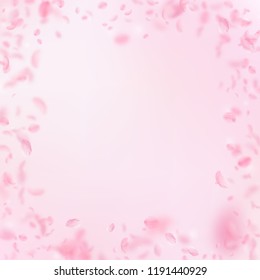 Sakura petals falling down. Romantic pink flowers frame. Flying petals on pink square background. Love, romance concept. Pretty wedding invitation.