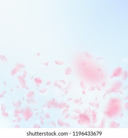 Sakura petals falling down. Romantic pink flowers gradient. Flying petals on blue sky square background. Love, romance concept. Posh wedding invitation.