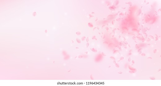 Sakura petals falling down. Romantic pink flowers explosion. Flying petals on pink wide background. Love, romance concept. Lovely wedding invitation.