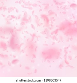 Sakura petals falling down. Romantic pink flowers gradient. Flying petals on pink square background. Love, romance concept. Remarkable wedding invitation.