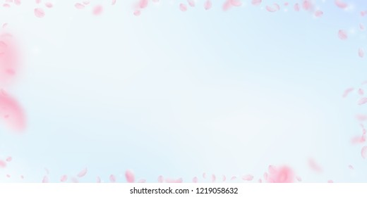 Sakura petals falling down. Romantic pink flowers frame. Flying petals on blue sky wide background. Love, romance concept. Magnificent wedding invitation.