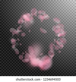 Sakura petals falling down. Romantic pink flowers frame. Flying petals on transparent square background. Love, romance concept. Splendid wedding invitation.