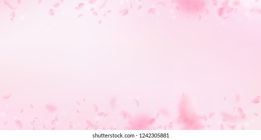 Sakura petals falling down. Romantic pink flowers border. Flying petals on pink wide background. Love, romance concept. Interesting wedding invitation.