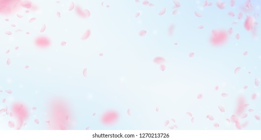 Sakura petals falling down. Romantic pink flowers vignette. Flying petals on blue sky wide background. Love, romance concept. Noteworthy wedding invitation.