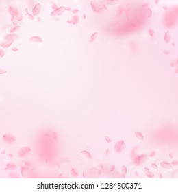 Sakura petals falling down. Romantic pink flowers falling rain. Flying petals on pink square background. Love, romance concept. Majestic wedding invitation.