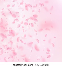 Sakura petals falling down. Romantic pink flowers gradient. Flying petals on pink square background. Love, romance concept. Classy wedding invitation.