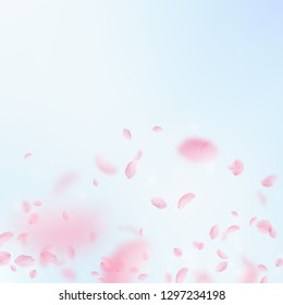 Sakura petals falling down. Romantic pink flowers gradient. Flying petals on blue sky square background. Love, romance concept. Stunning wedding invitation.