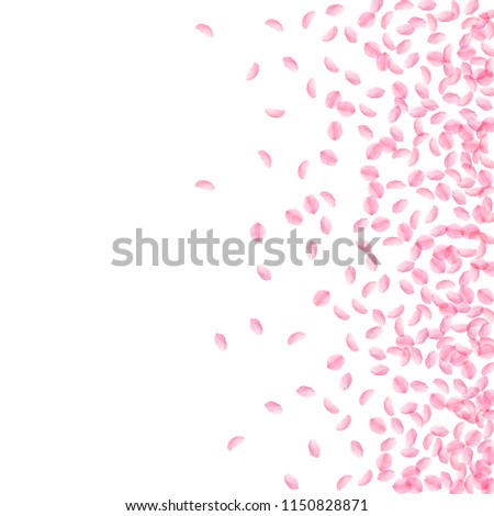 Sakura petals falling down. Romantic pink silky small flowers. Thick flying cherry petals. Scatter right gradient shapely vector background. Love, affection, romance concept.