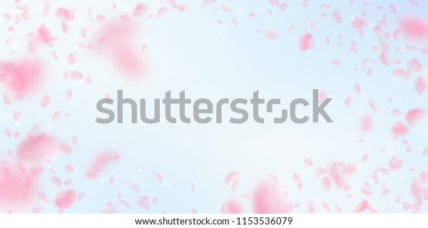 桜の花が散る ロマンチックなピンクの花のエピソード 青い空の広い背景に飛ぶ花びら 愛 恋愛のコンセプト 最適な結婚式の招待 のベクター画像素材 ロイヤリティフリー