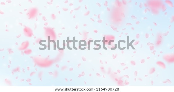 桜の花が散る ロマンチックなピンクの花が降り注ぐ 青い空の広い背景に飛ぶ花びら 愛 恋愛のコンセプト 盛大な結婚式の招待状 のベクター画像素材 ロイヤリティフリー