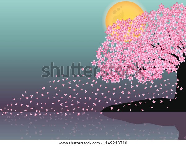 Sakura petals floating in the breeze with\
the moon . Vector\
illustration.
