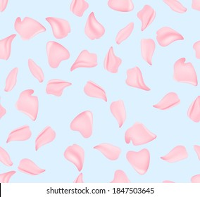 Sakura petals. Sakura flower, spring blossom and April floral nature on pink background. Banner for 8 march, Happy Easter with place for text. Springtime concept. Top view. Flat lay.