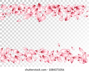 Sakura petals flying vector cosmetics background. Spring falling flower parts confetti, blossom elements holiday design. Idyllic flower blossom petals background design.