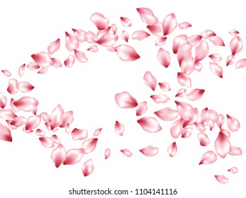 Sakura petals flying vector invitation background. Spring falling flower parts confetti, blossom elements wedding design. Awesome flower blossom petals isolated on white vector poster background.