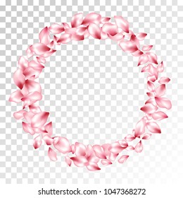Sakura petals flying vector round frame beauty salon background. Spring falling flower parts confetti, blossom elements anniversary design. Soft flower blossom petals banner vector background.