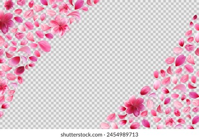 Sakura petals png corners lying on checkered grey background. Rose flower frame.