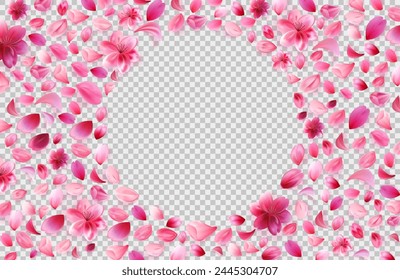 Sakura petals png lying on transparent background. Round flower frame.