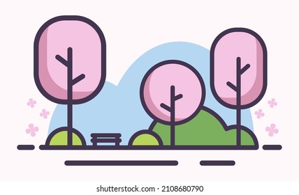Sakura pink blossom spring landscape scenery in flat simple style. 