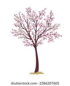 Sakura pink branch concept. Part of tree and plant. Japanese and asian garden. Flora and nature. Spring and summer season. Cartoon flat vector illustration isolated on white background