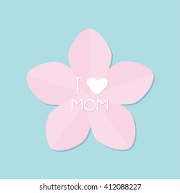 Sakura pink flower. Japan blooming cherry blossom set Blue background I love mom Happy mothers day Text with heart sign Greeting card Flat design style. Vector illustration 