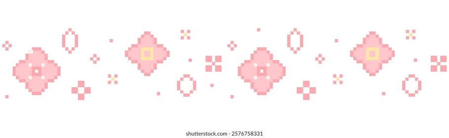 Sakura pixel seamless border, cherry flowers, petal blossom. 8 bit retro game decoration. Chinese plum spring ornament.