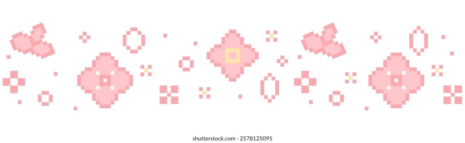 Sakura pixel seamless border, cherry flowers, petal blossom. 8 bit retro game decoration. Chinese plum spring ornament.