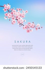 Sakura poster, card, cover, flyer or web banner design template. Vector illustration of realistic blossoming sakura flowers on blue sky background. Vector illustration