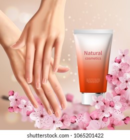Sakura promotion flyer with women s hands and tube of hand cream with natural name vector illustration