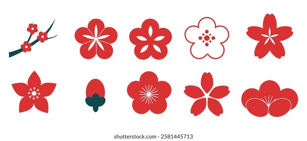 Sakura red cherry flower blossom, simple silhouette petal. Spring pretty eastern decoration.