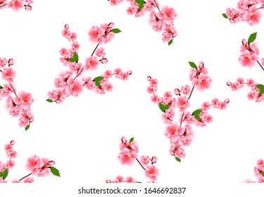 Sakura seamless. Bouquets of pink cherry flowers with buds. Industrial Design. Vector illustration