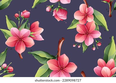 Sakura seamless pattern with blooming flowers, pink cherry blossom, branches. Vector realistic watercolor style. Design for banner, oriental poster, Valentine's card, wedding invitation and scrapbooks
