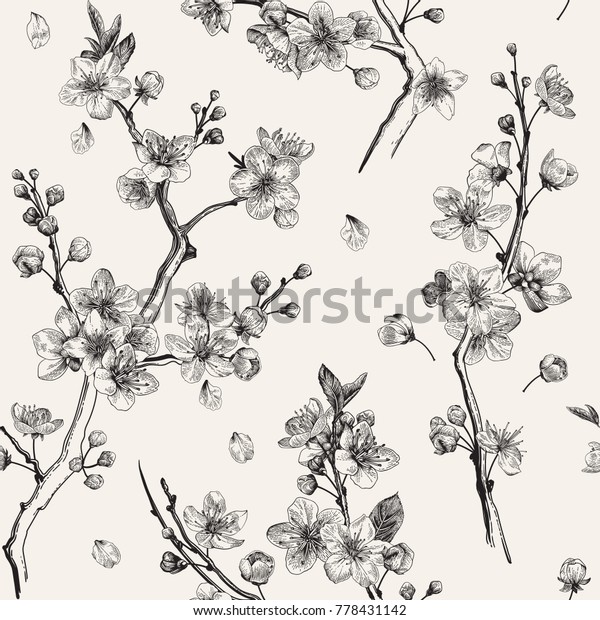 サクラ シームレスなパターン 桜の枝 ベクター植物イラスト 白黒 のベクター画像素材 ロイヤリティフリー