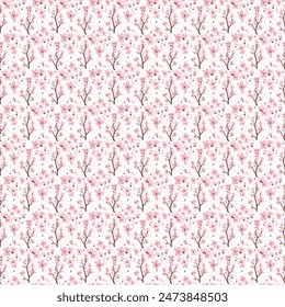 Sakura seamless pattern. Floral endless background. Japanese cherry branch blossom repeat print. Simple botanic vector flat hand drawn illustration.