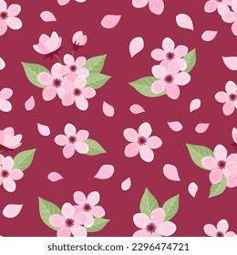 Sakura seamless pattern with flowers, buds and leaves on dark pink background. Pink cherry tree blossom pattern. Vector illustration in flat style