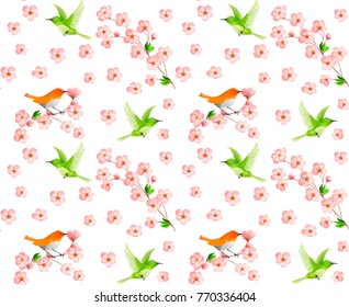 Sakura seamless pattern with flying Japanese green bird. Orange bird sits on branch of cherry.