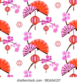 Sakura seamless pattern. Japanese background with flowers and lantern and fans. It can be used for greeting wrapping paper.
