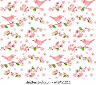 Sakura seamless pattern with Japanese bird and cherry blossom flowers.