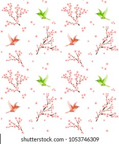 Sakura seamless pattern with japanese birds.