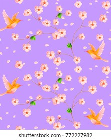 Sakura seamless pattern with Japanese birds on violet background.