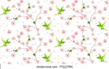 Sakura seamless pattern with Japanese birds on white background.