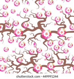 Sakura seamless pattern Nature background with blossom branch of pink flowers. Cherry tree brown branches japanese pattern pastel colors on white background. Vector